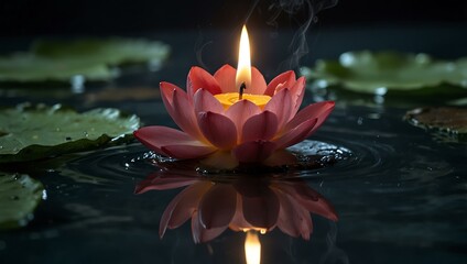 Lotus flower candle floating in water with smoke.