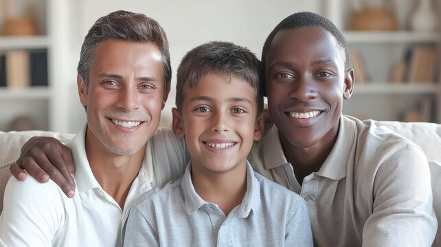 Smiling gay couple with child. Gay couple holding adoptive daughter's hand, adoption concept