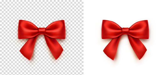 Bow isolated on transparent and white backgrounds. Vector Christmas red satin ribbon with shadow, xmas wrap element template