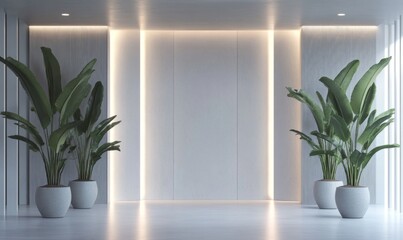 A bright, minimalist podcast studio with light grey acoustic panels on the walls in a sleek pattern. with big plant pots on both sides.