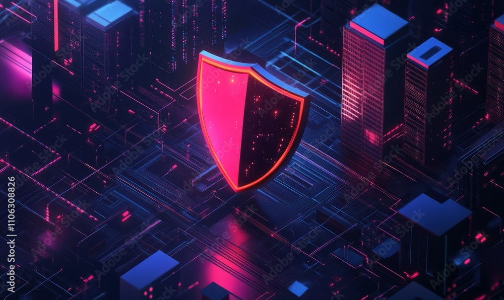 Poster digital illustration of a shield over data servers, symbolizing cybersecurity and data protection in