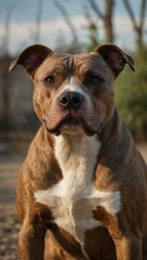 Loyal Pitbull dog in a background setting.