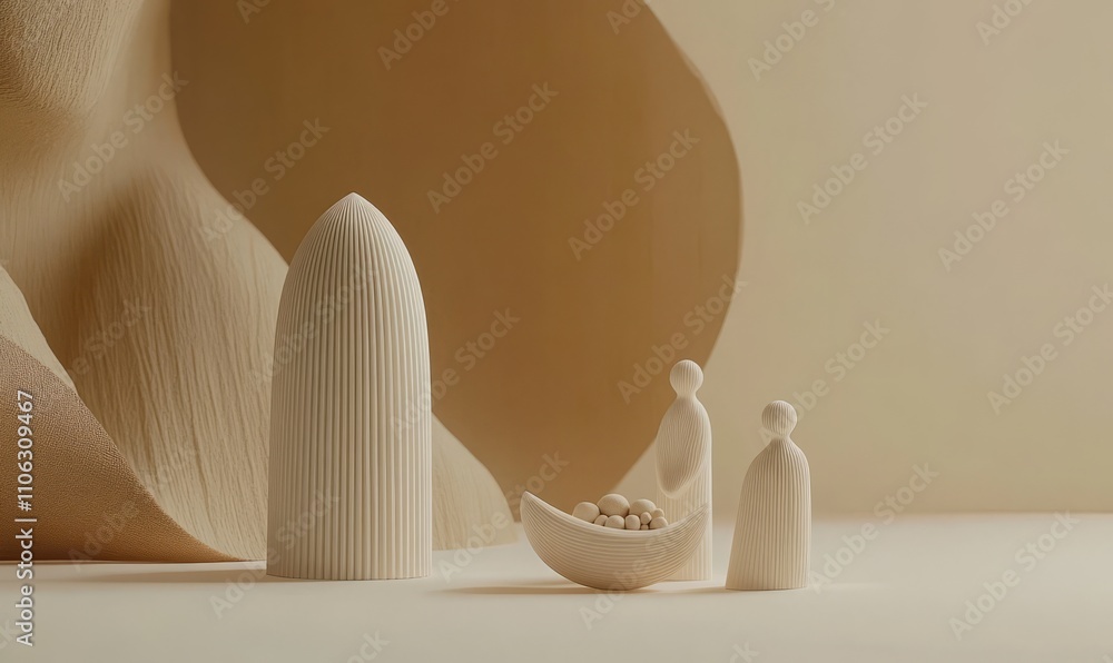 Poster elegant, minimalist nativity scene with subtle lines and muted colors, set against a clean backgroun