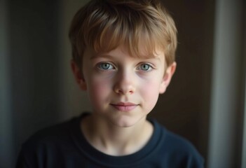 A young boy from Russia gazes directly at the viewer with captivating grey eyes. His tousled hair frames his face, and he wears a cozy casual clothes. Rosy cheeks, piercing serious look. Generative AI
