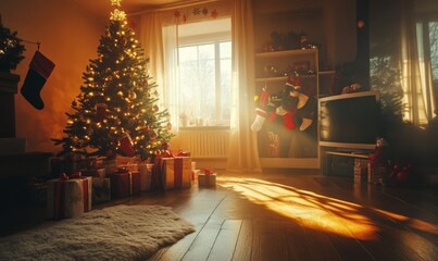 Fototapeta premium Festive living room decorated with a Christmas tree, stockings, and presents, illuminated by warm sunlight. Concept of holiday coziness and celebration