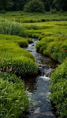 Lush green field with a small stream and vibrant plants.