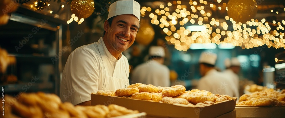 Poster a chef smiles proudly while holding a tray of golden pastries in a warmly lit bakery adorned with st