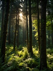 Lush green forest with tall trees and sunlight filtering through.