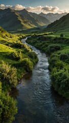 Fototapeta premium Lush green valley with a winding river and distant mountains.