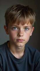 A young boy from Russia gazes directly at the viewer with captivating grey eyes. His tousled hair frames his face, and he wears a cozy casual clothes. Rosy cheeks, piercing serious look. Generative AI