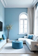 Fototapeta premium a living room with a blue wall and a white couch with blue pillows and a blue circular ottoman.