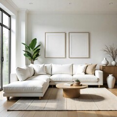 Modern living room interior with comfortable sofa, armchair, and coffee table