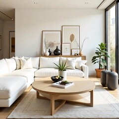 Modern living room interior with comfortable sofa, armchair, and coffee table