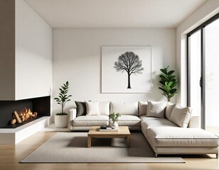 Modern living room interior with fireplace, featuring comfortable sofa, stylish decor, and soft carpet