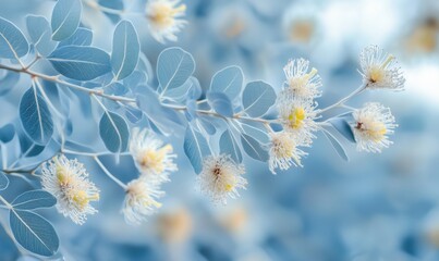 Blue foliage with delicate flowers, showcasing intricate details of leaves and blossoms, soft focus background, serene atmosphere