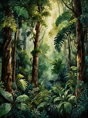 Naklejka premium Lush rainforest canopy, fantasy watercolor emphasizing nature.
