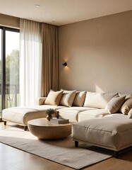 A modern living room interior with a comfortable sofa, armchair, and coffee table, illuminated by a stylish lamp