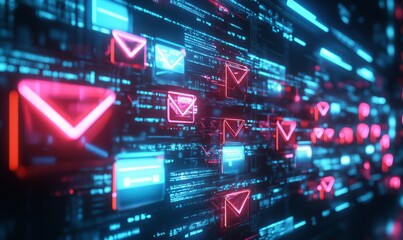 Fototapeta premium Glowing digital mailboxes representing communication in a tech environment. Email Marketing concept