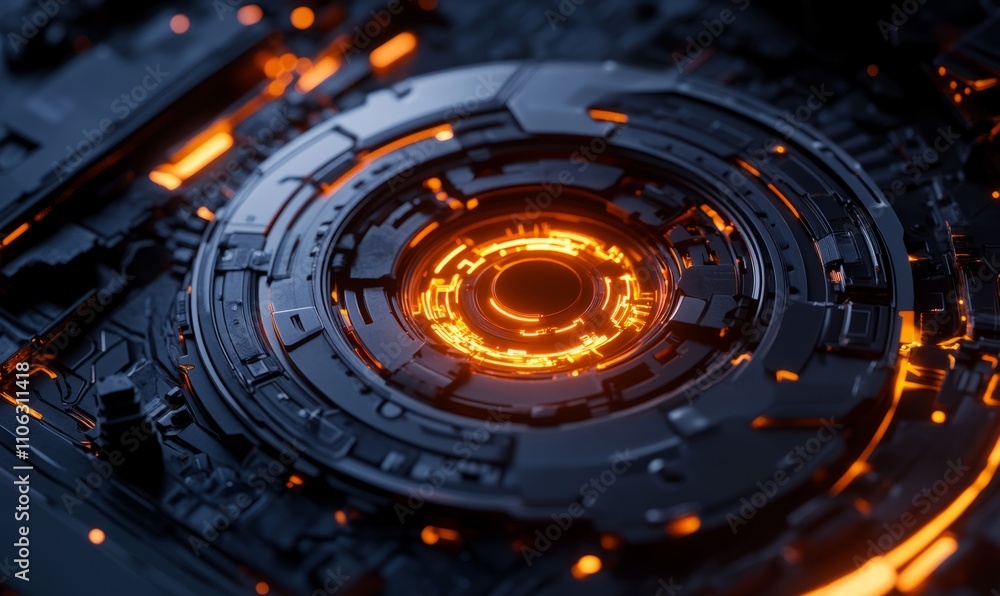 Poster a close-up view of a futuristic, glowing circular mechanism, with intricate details and warm orange 