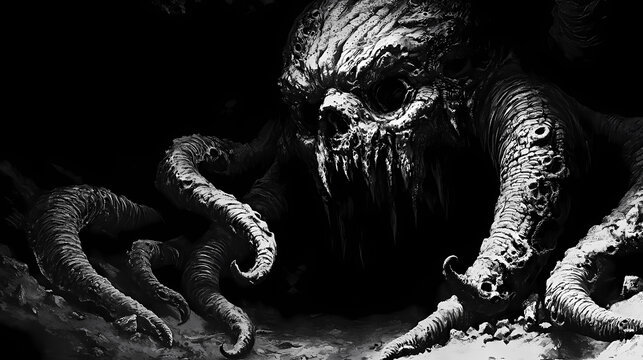 Mystical beast cave, shadowy lair of colossal eldritch horror hoarding sinister otherworldly relics in ominous digital. Eldritch. Illustration