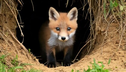 Naklejka premium Curious fox kit exploring its den entrance.