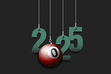 Numbers 2025 and billiard ball as a Christmas decorations are hanging on strings. New Year 2025 are hang on cords. Template design for greeting card. Vector illustration on isolated background