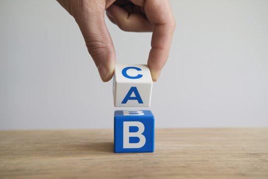 Hand arranging alphabet blocks to spell CAB  demonstrating concept of rearranging or problem solving