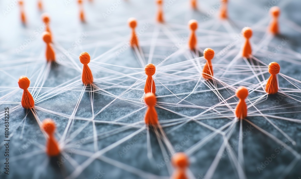 Poster network connections represented by orange figures and threads, showcasing social interaction and con