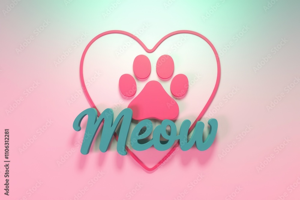Poster Pink paw print inside a heart with teal Meow text on a gradient background