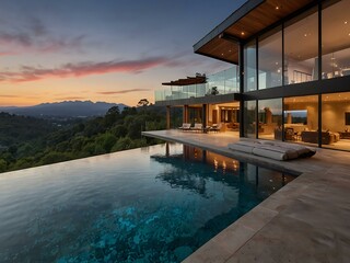 Obraz premium Luxurious estate with expansive glass and scenic views.