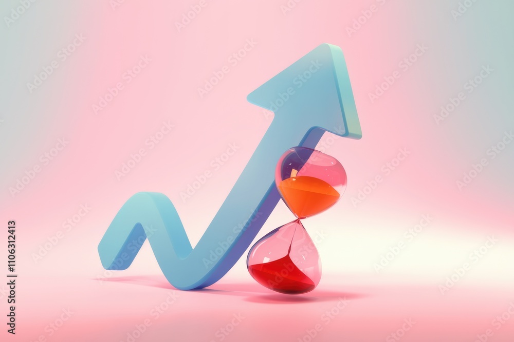 Poster an upward trending arrow with an hourglass symbolizing time and growth