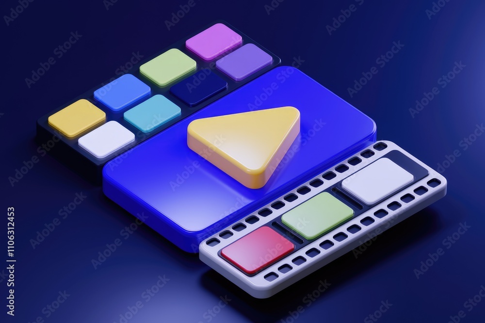 Poster 3D illustration of video editing software interface with colorful buttons and play button