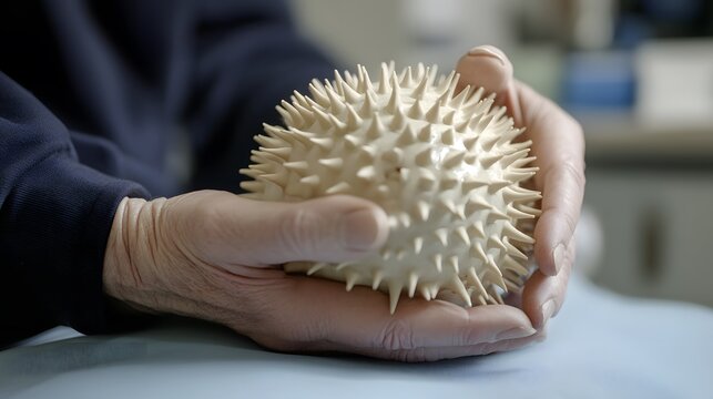 Gloved hands gently hold a spiky, off-white sphere.