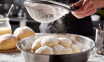 A chef using a sieve to sift powdered sugar over dough in a mixing bowl for baking bread and dessert recipes for a family bakery and online cooking classes