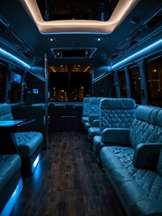 Fototapeta premium Luxurious interior of a VIP bus with ambient blue lighting.