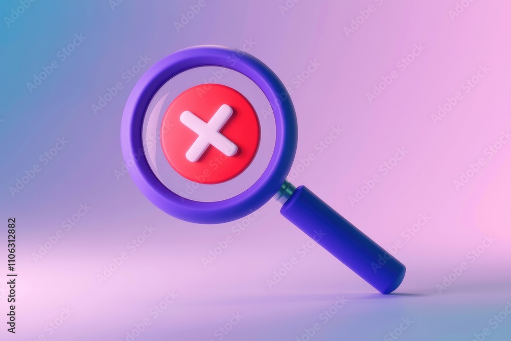 Leinwandbilder A magnifying glass focuses on a red circle with a white X  symbolizing rejection or error