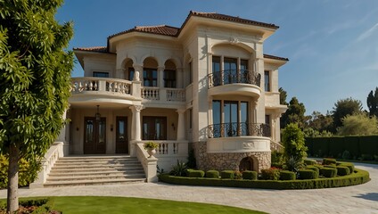 Fototapeta premium Luxurious mansion with grand entrance and landscaped gardens.