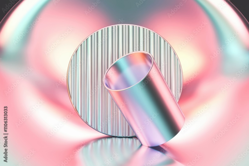 Fototapete abstract 3d render of iridescent pink and teal metallic geometric shapes on a glossy background