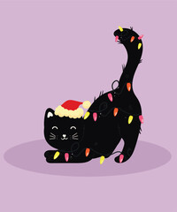 Flat Design Merry Christmas Illustration with Cute Character Black Cat and Wear Christmas Lights