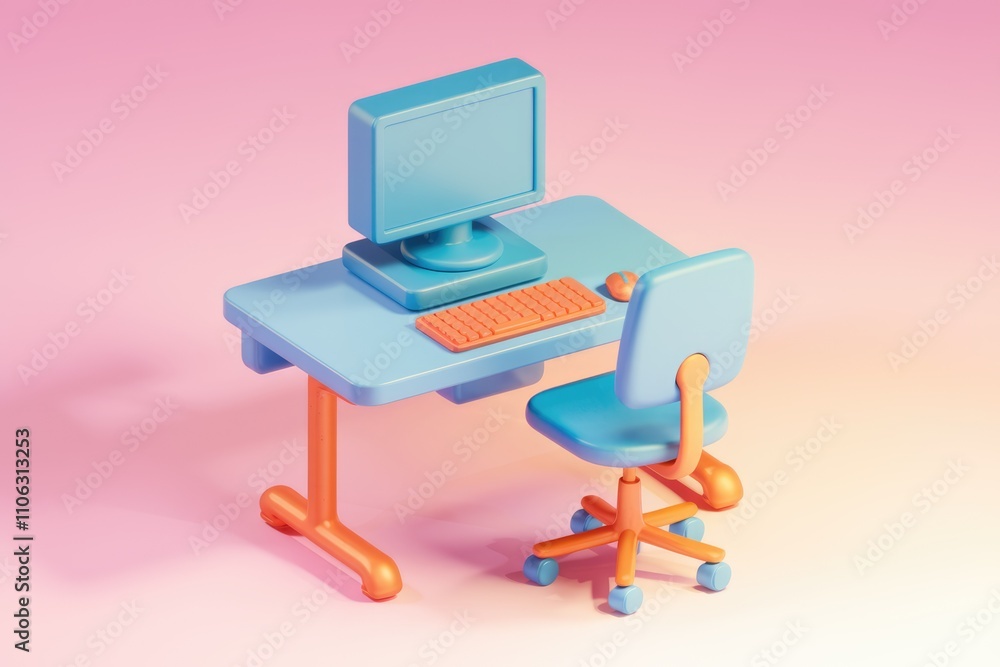 Poster a minimalist 3d render of a pastel blue computer desk with chair