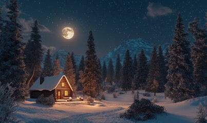 A cozy log cabin glows warmly under a full moon in a snowy forest, creating a serene and magical winter night scene