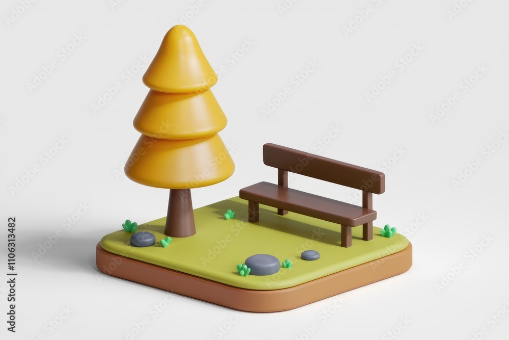 Aufkleber A 3D rendered image of a park scene with a bench under a stylized yellow autumn tree
