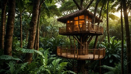 Luxurious treehouse nestled in lush tropical foliage.