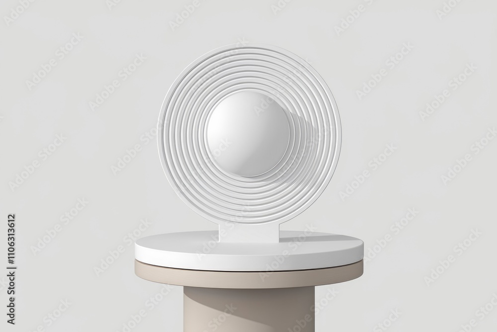 Poster abstract 3d render of a white concentric circle sculpture on a beige pedestal
