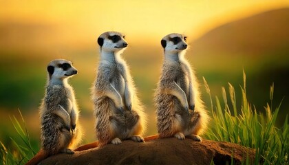 Fototapeta premium Curious meerkats standing upright for a better view.