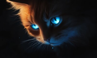 A captivating close-up of a cat with glowing blue eyes, gazing intently into the dark.