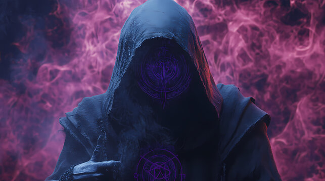 Hooded warlock channeling malevolent otherworldly being with intricate runic symbols and dramatic cinematic lighting. Eldritch. Illustration