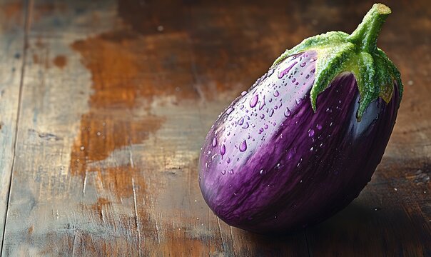 Fresh eggplant on a wooden surface with soft, diffused natural light highlighting its glossy texture