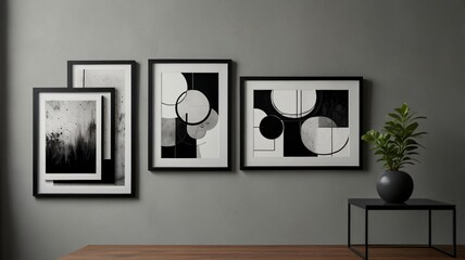 a series of framed art pieces are on a wall.