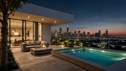 Obraz premium Luxury home with rooftop terrace and city views.